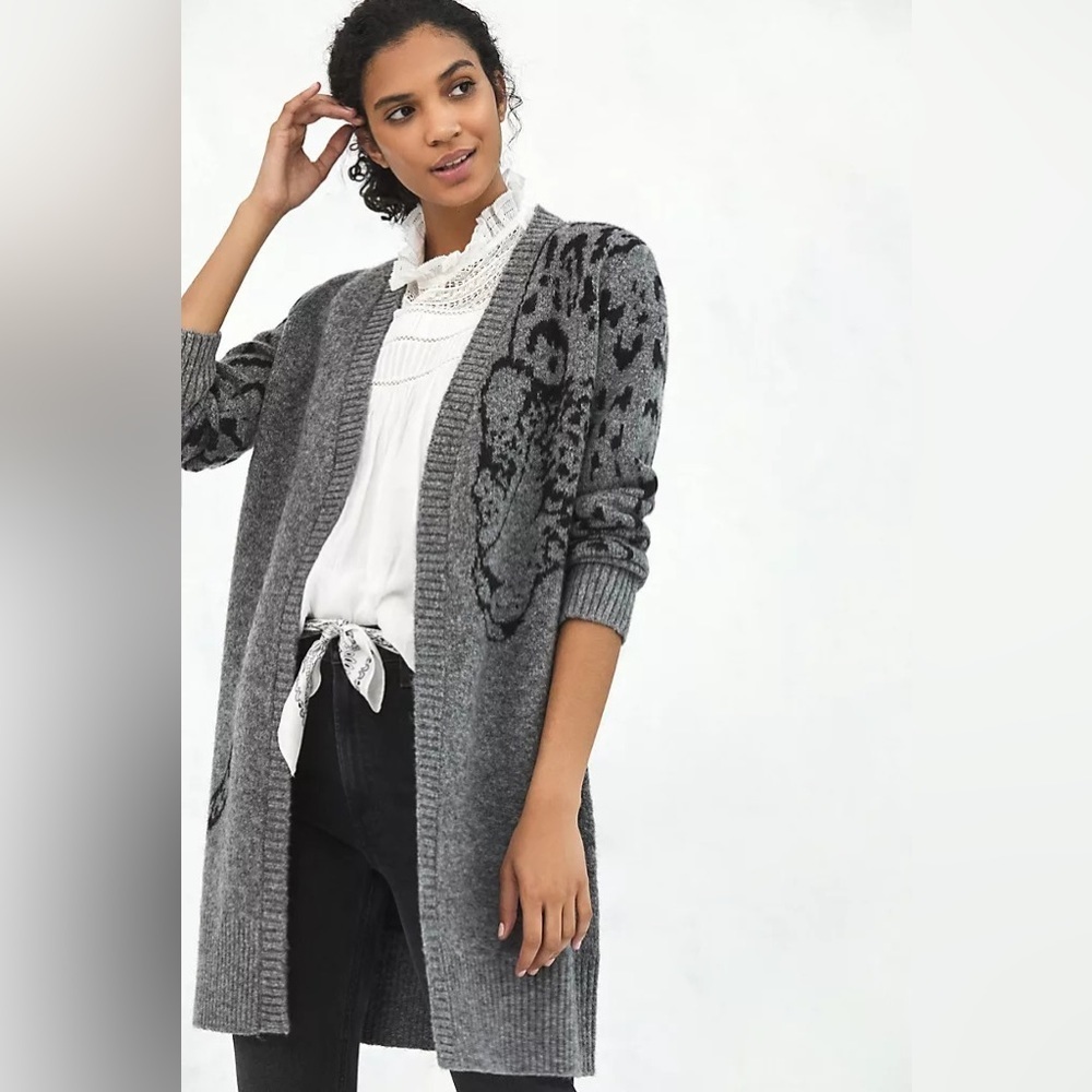 Anthropologie Averie Cardigan Gray Leopard Long Sweater Sz S